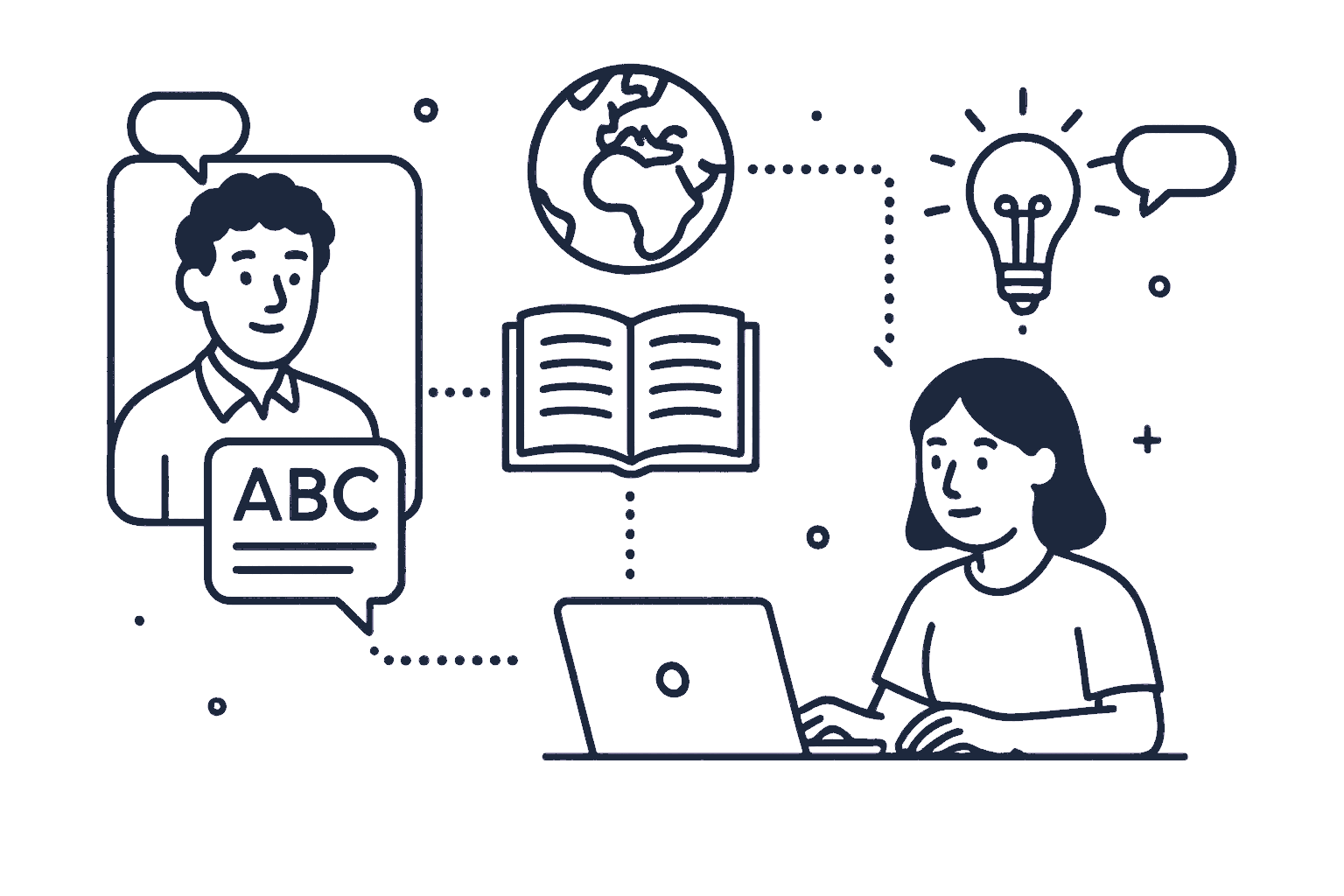 Line drawing of online education showing student at laptop connected to instructor, book and globe representing digital learning.
